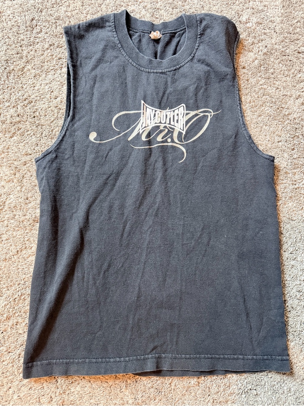 Men’s Black Sleeveless Graphic Muscle Tee with Cream Script Logo Size Small